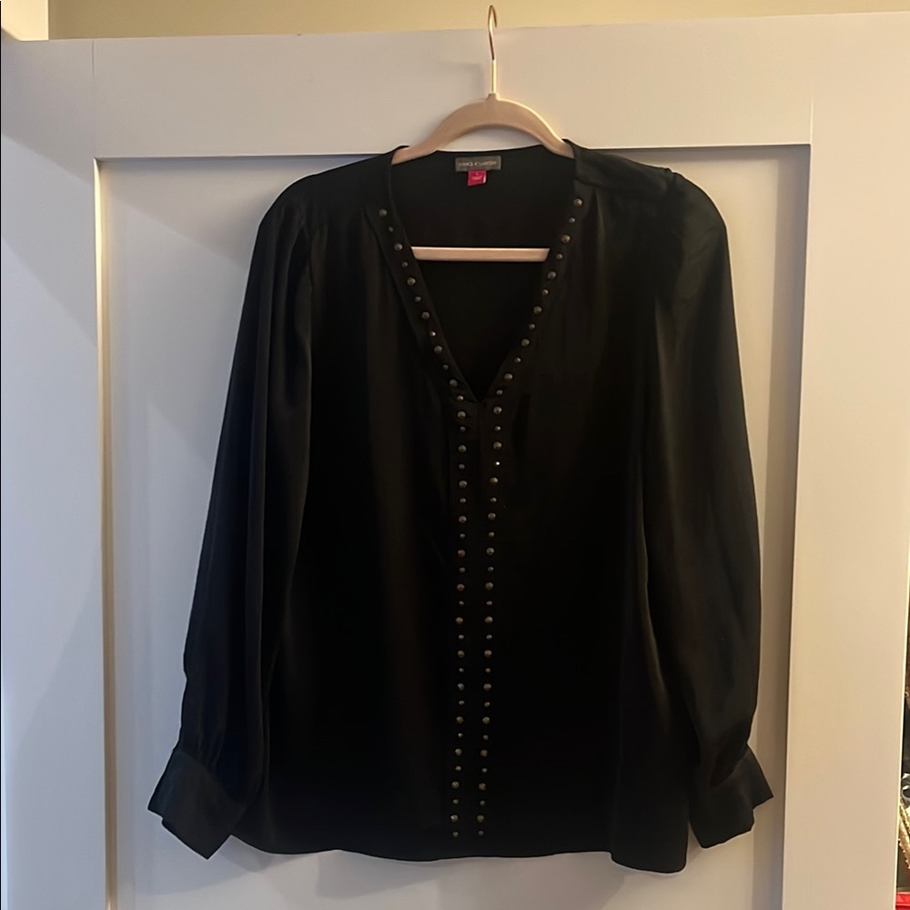 Black Blouse with Mandarin Collar and Embellished Details